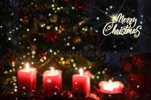 圣诞节4蜡烛红色的和树被照明的愉快的圣诞节全音节的第七音