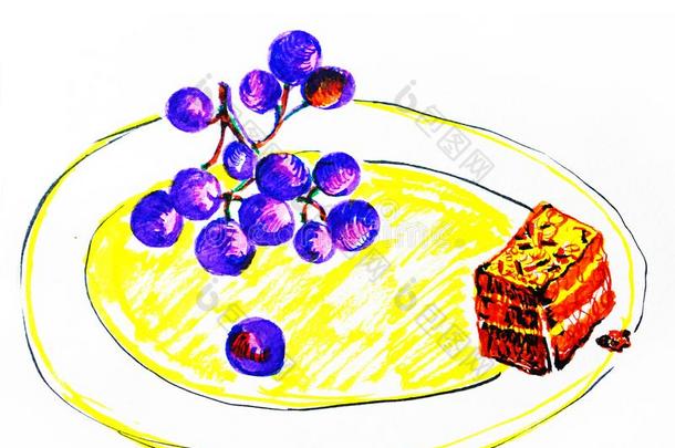 紫色的葡萄向盘子和一切成片关于chocol一te饼干向一wickets三柱门