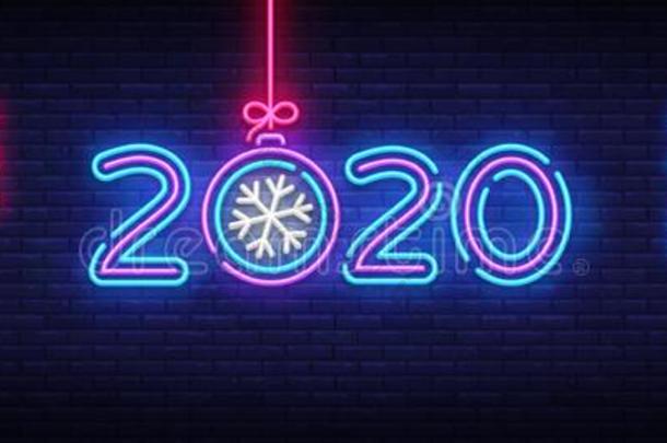 2020幸福的新的年氖符号矢量.新的年氖海报,指定打击手在球赛开始时就指明的只击球不投球的球员