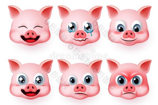 猪情感符矢量放置.猪s漂亮的表情符号放置和幸福的,生气的