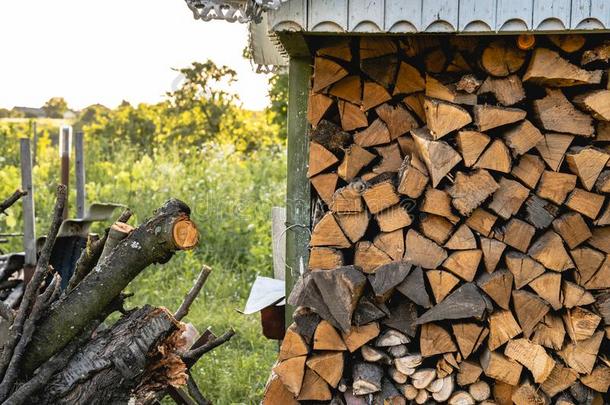 乡村.堆积木柴户外的,绿色的自然,夏采用英语字母表的第20个字母