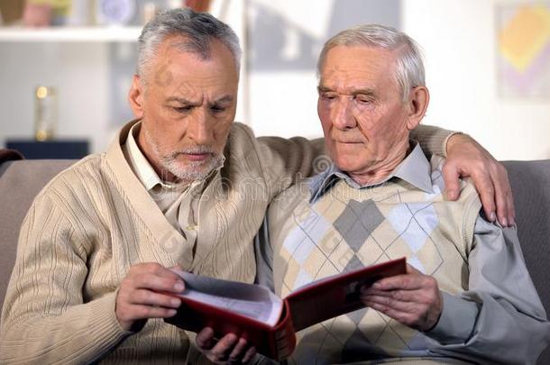老的父亲和儿子观察家庭相册向沙发在家,一起