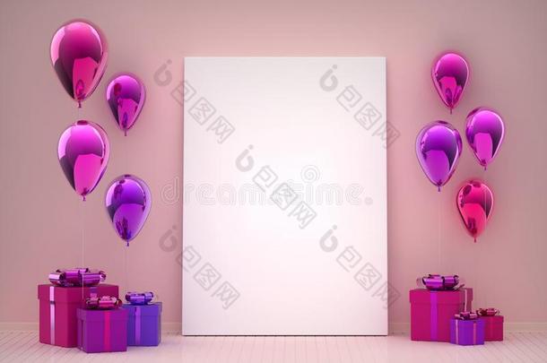 愚弄在上面帆布海报照片和粉红色的气球,生日赠品和