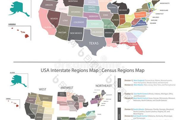 美利坚合众国地图矢量图解的和<strong>人口普查</strong>地区洲与洲间的地图面团