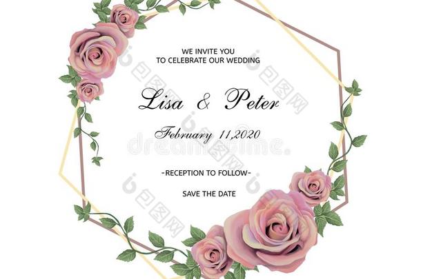 婚礼招待,花的邀请卡片设计和玫瑰粉红色的长嘴硬鳞鱼