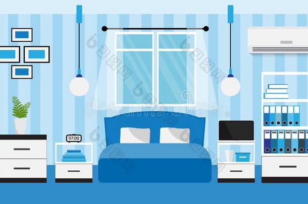 平的设计关于蓝色卧室内部,矢量说明