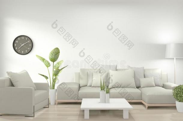 愚弄在上面白色的活的房间和白色的沙发和装饰植物