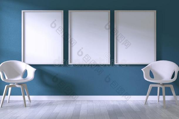愚弄在上面海报框架和白色的椅子向房间黑暗的蓝色墙向
