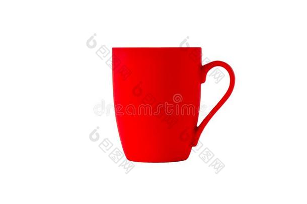 明亮的红色的陶器的马克杯和手感隔离的向白色的背景
