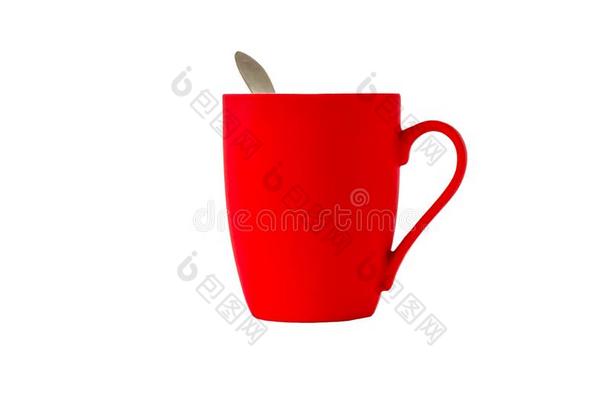 明亮的红色的陶器的马克杯和手感和和一勺isol一ted向