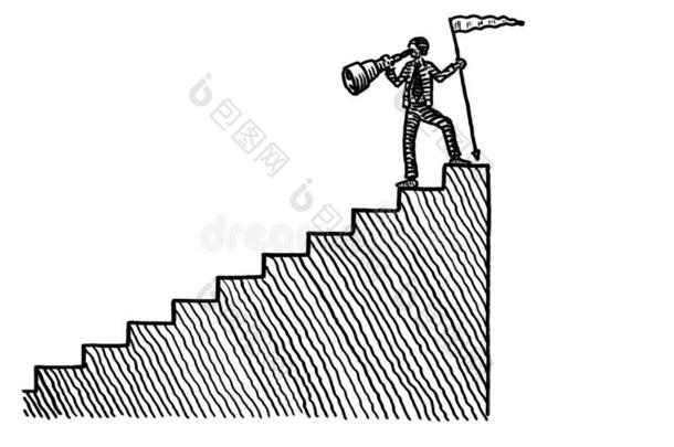 疲惫的男人在顶<strong>上楼梯</strong>有样子的背经过小望远镜