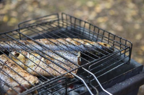 含香料的胭脂鱼海产食品准备的向烧烤在户外