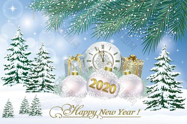 幸福的新的年2020.圣诞节卡片和冬风景.矢量