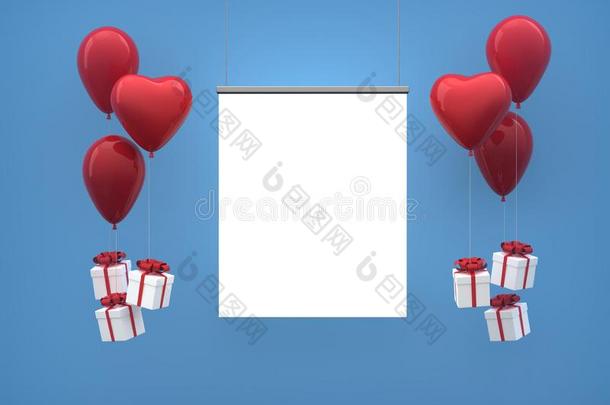 愚弄在上面帆布海报照片和红色的心气球和赠品盒
