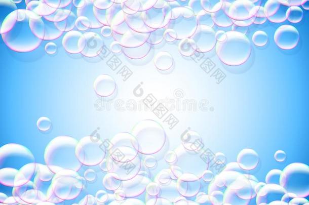 肥皂泡抽象的蓝色背景和彩虹有色的空气的