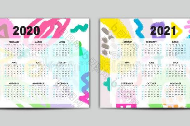日历2020-2021矢量样板,字体日历,孟斐斯
