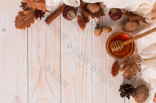 蜂蜜,<strong>粘贴</strong>,罐子,围巾,干的干燥的树叶.乡村的甜的秋照片,