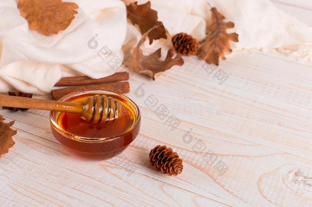 蜂蜜,粘贴,罐子,围巾,干的干燥的树叶.乡村的甜的秋照片,