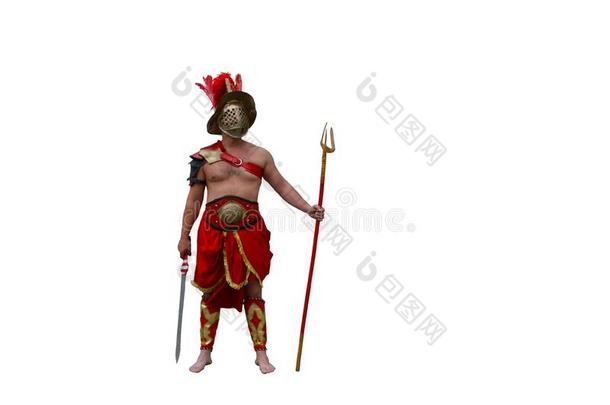 古罗马的斗剑士和矛和头盔和羽毛向白色的用绳子拖的平底渡船