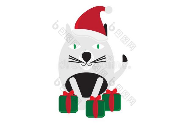 黑的和白色的猫和红色的帽子和绿色的红色的礼物