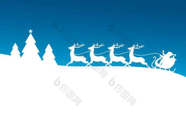向指已提到的人左边的<strong>跑步</strong>圣诞<strong>节</strong>雪橇和森林蓝色背景