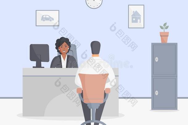 银行办公室或保险公司:银行雇工黑的女人sitting-room起居室