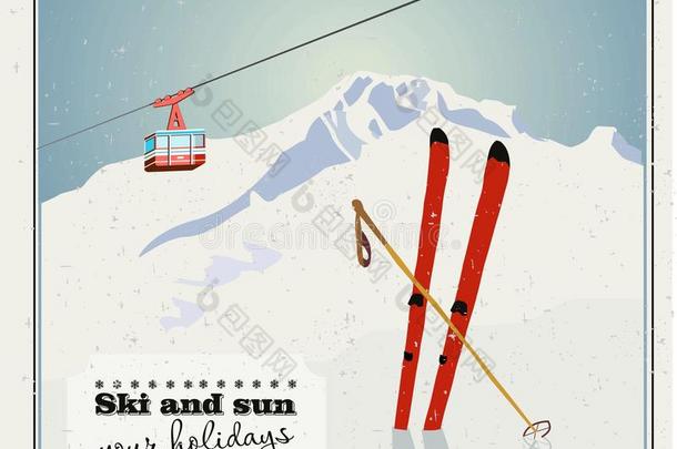 酿酒的冬背景,海报.红色的滑雪举起狭长小船活动的