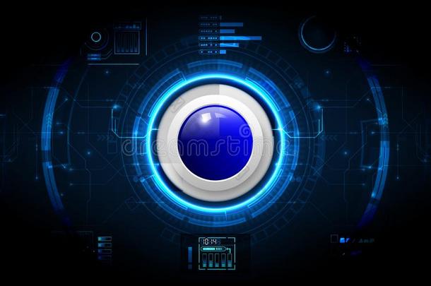现实的圆蓝色按钮向抽象的科技背景