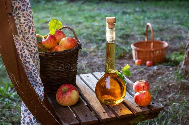 一瓶子关于苹果苹果汁醋和新鲜的苹果s,在户外