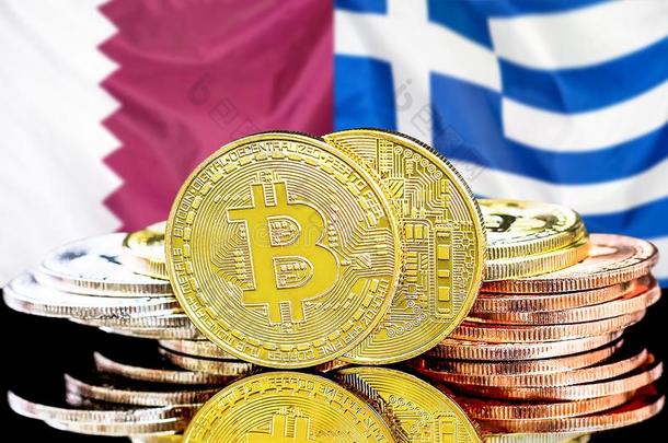 比特币向卡塔尔和希腊旗背景