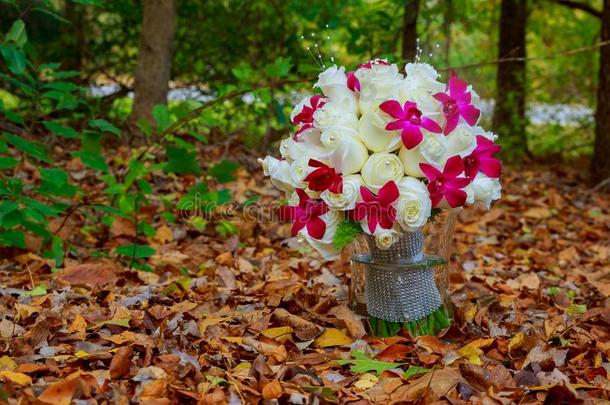 婚礼新婚的花束和白色的兰花,玫瑰