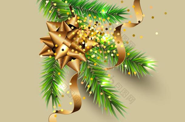 圣诞节树树枝和金色的五彩<strong>纸屑</strong>和<strong>彩色</strong>纸带