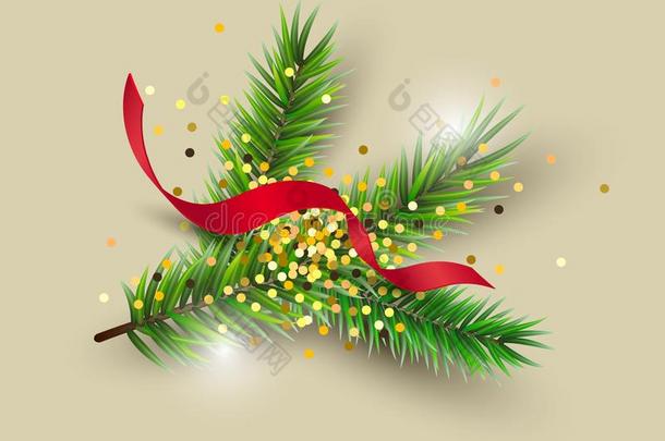 圣诞节树树枝和金色的五彩纸屑和红色的彩色纸带