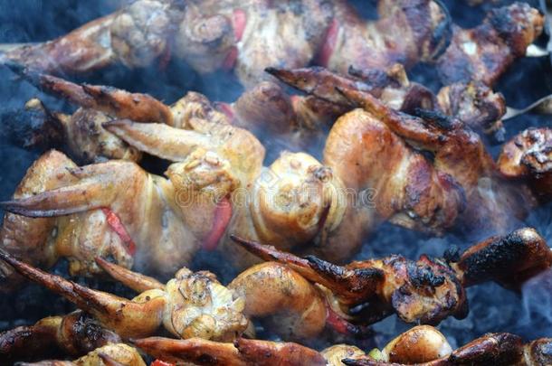 barbecue吃烤烧肉的野餐和烤腌羊肉串烹饪术.煤烧烤关于鸡肉串肉扦