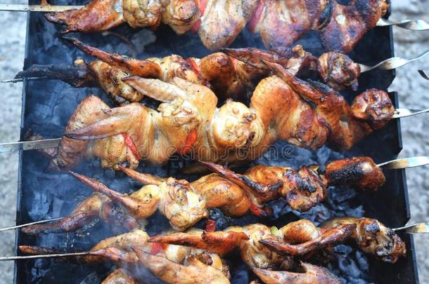 barbecue吃烤烧肉的野餐和烤腌羊肉串烹饪术.煤烧烤关于鸡肉串肉扦