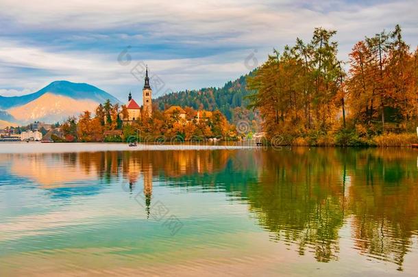 美丽的秋风景关于湖流血,斯洛文尼亚