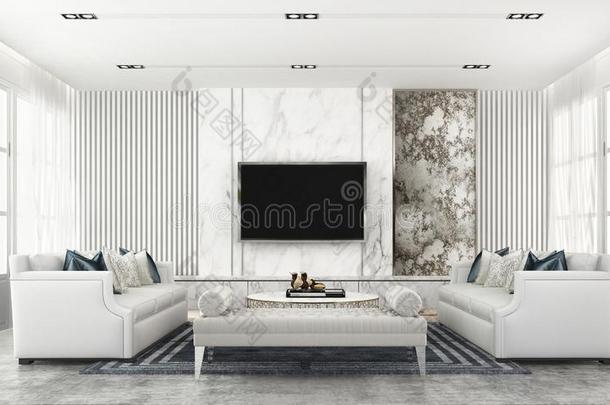 指已提到的人现代的优美的白色的活的房间和大理石墙质地轻拍