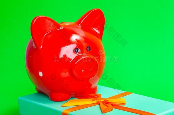 美丽的红色的猪猪gy银行向一赠品和一弓向一绿色的b一c