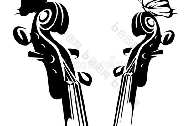 小提琴音乐的仪器和蝴蝶黑的和白色的矢量英语字母表的第15个字母
