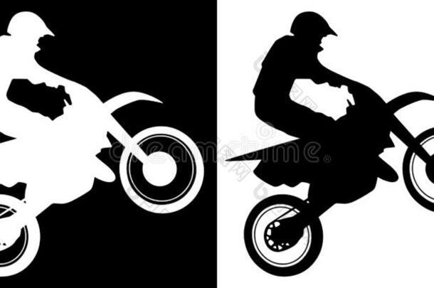 摩托车越野赛骑手和摩托车轮廓隔离的矢量图解