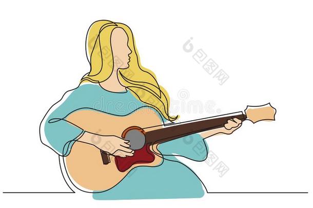连续的线条绘画关于女孩演奏听觉的吉他