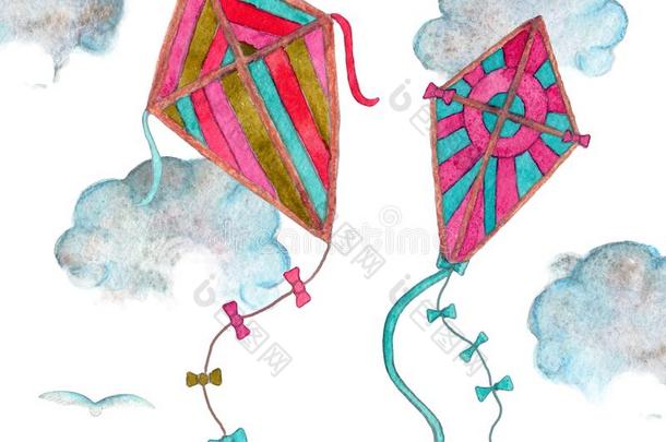 两个水彩漫画多彩的风筝飞行的穿过指已提到的人天