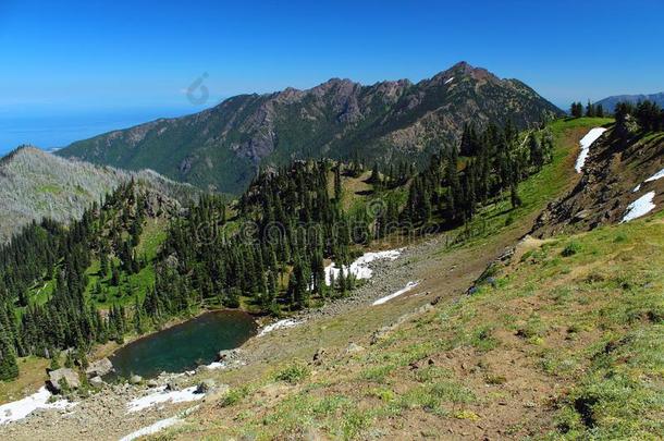 夏雪原和冰斗湖从飓风小山,奥林匹斯山的国家的