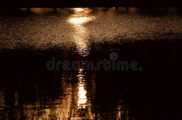 被照明的灼热的模糊的桔子阳光反映采用湖warmair热空气