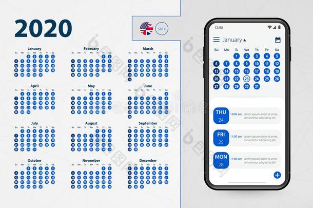 <strong>日</strong>历适用为智能<strong>手机</strong>.矢量<strong>日</strong>历2020一星期英文字母表的第19个字母