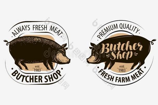 屠夫商店,屠夫标识.猪,猪肉标签.矢量说明