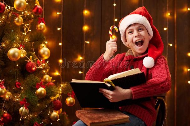 青少年男孩阅读书,一次室内的在近处装饰圣诞节树wickets三柱门