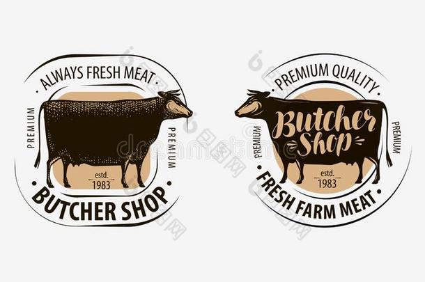 屠夫商店,屠夫标识.奶牛,牛肉标签.矢量说明