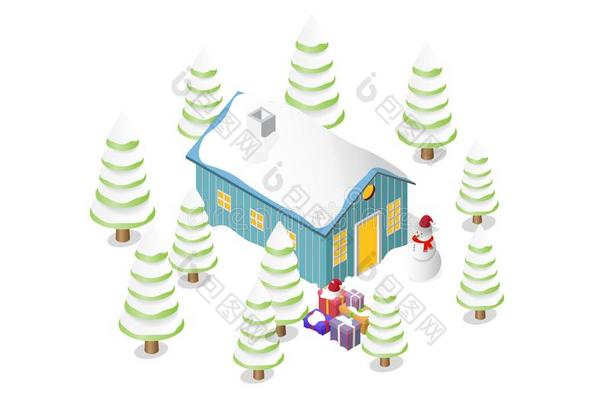 圣诞节房屋,树,雪人,和赠品盒