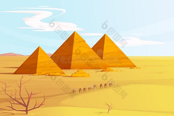 沙漠风景和埃及的金字塔和浮筒